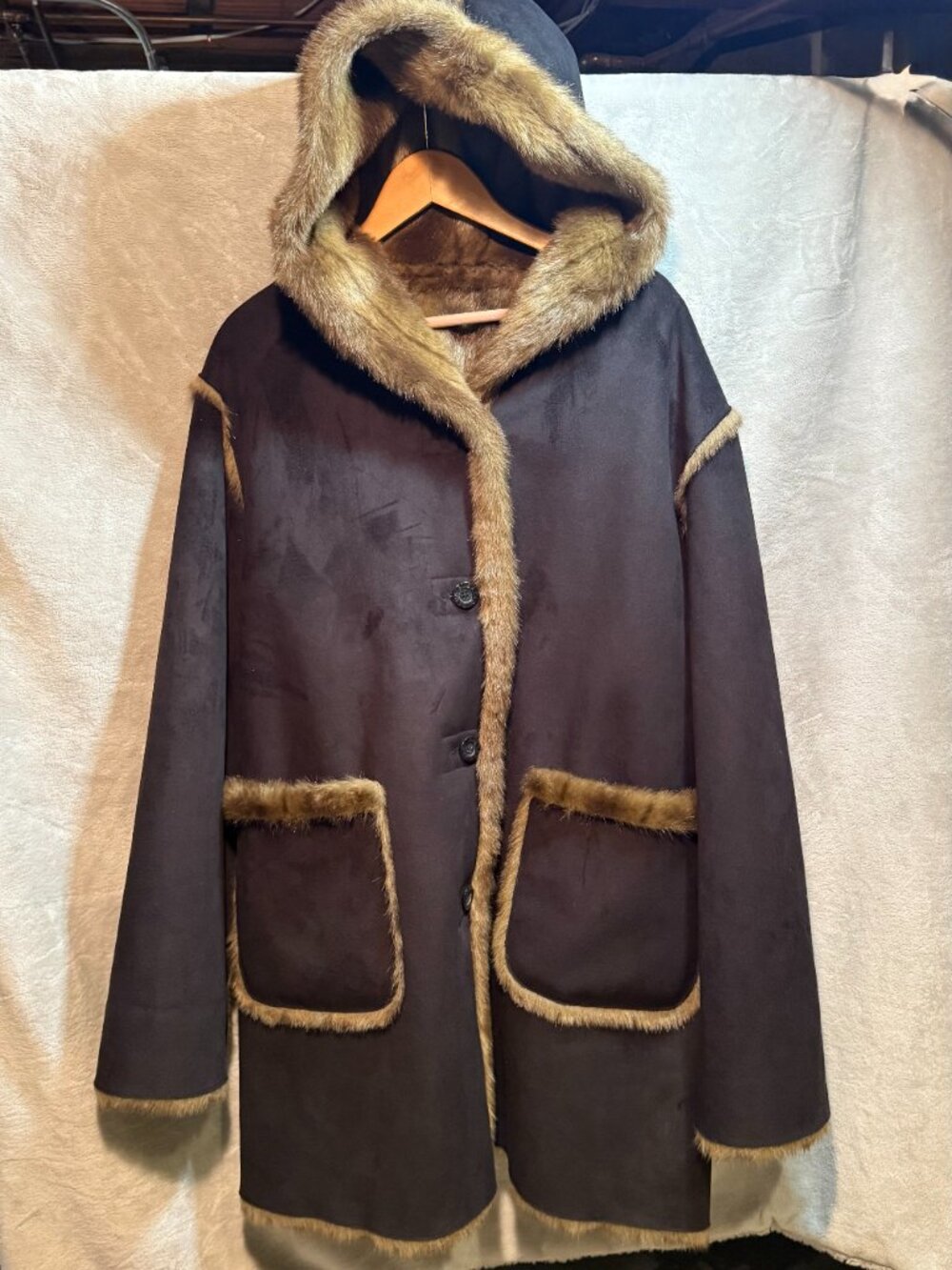 Dennis Basso Plus Size 2X Reversible Faux Shearling Faux Fur Hooded Winter Coat